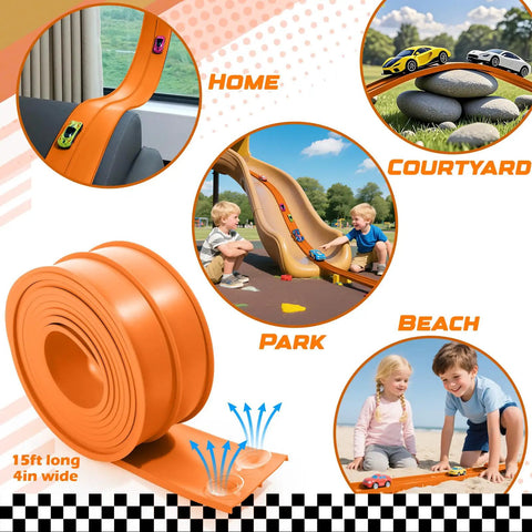 Orange Flexible 15ft Race Track Starter Set With Suction Cups Roll Up Portable Track For Diecast 1 64th Cars shown in various settings.