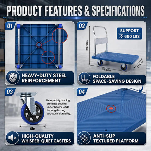 Heavy Duty Foldable Push Cart Dolly, 660 Lbs Moving Platform Truck with steel framing and smooth rolling swivel wheels.