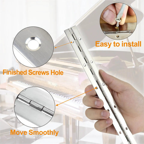 Hefty Tough 4 Pack 8 Inch Continuous Piano Hinges Made From Top Shelf 304 Stainless Steel That Lock Onto Cabinets Or Diy Furniture Without Skipping A Beat In Sleek Silver, showing screw holes and smooth movement.