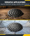 Solid 4.5 Inch Cast Iron Floor Drain Cover Round Heavy Duty Drain Strainer For Bathrooms And Patios Bombproof Grime Guard in use indoors and outdoors.