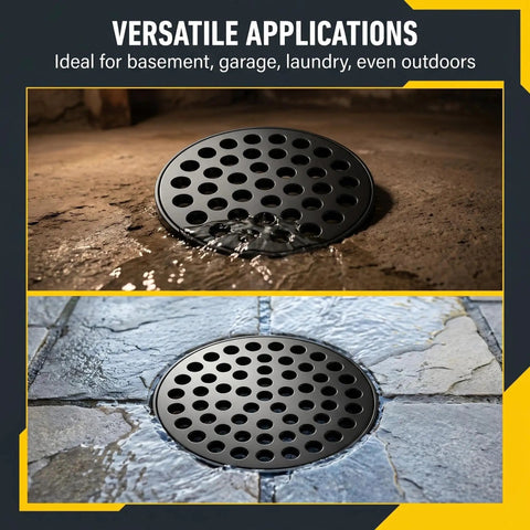 Solid 4.5 Inch Cast Iron Floor Drain Cover Round Heavy Duty Drain Strainer For Bathrooms And Patios Bombproof Grime Guard in use indoors and outdoors.