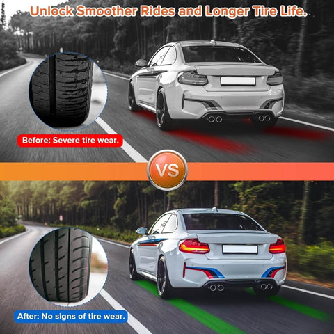 Comparison of a car with severe tire wear before using the wheel alignment tool kit and improved tire condition after use.