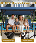Family sitting on a Three Seat Outdoor Porch Swing With Adjustable Canopy and Backrest, showing thicker pipes and spring hook.
