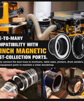 Heavy Duty Magnetic Dust Collection Fittings For 4 Inch Woodwork Shop Vacuums One To Multi System With High Strength Mag Connector Receiver and Rubber Flex Cuff Coupler Solid Grip connecting different woodworking tools.