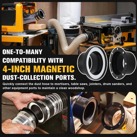 Heavy Duty Magnetic Dust Collection Fittings For 4 Inch Woodwork Shop Vacuums One To Multi System With High Strength Mag Connector Receiver and Rubber Flex Cuff Coupler Solid Grip connecting different woodworking tools.