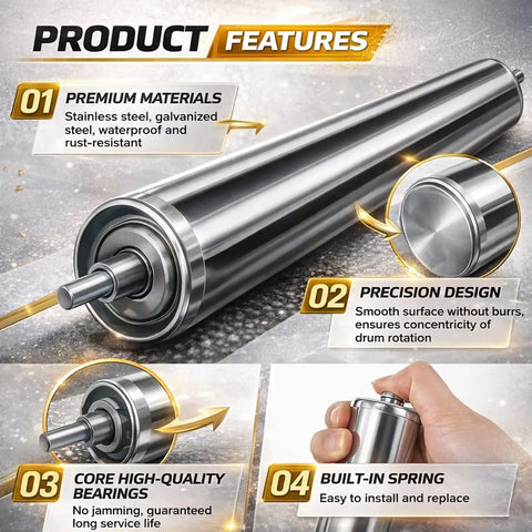 Heavy Duty Conveyor Roller and Mower Replacement, 1.5 Inch Diameter by 25.6 Inches Length, showing stainless steel shaft and bearings.