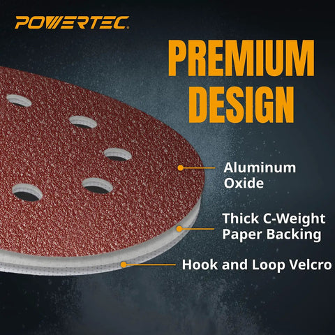 Close-up of 40 Grit 5 Inch Sanding Discs with 8 holes, aluminum oxide surface, and hook and loop backing for orbital sanders.