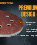Top Shelf 25 Pack Five Inch Eighty Grit Sanding Discs With Hook And Loop Backing showing aluminum oxide texture and hook and loop backing.