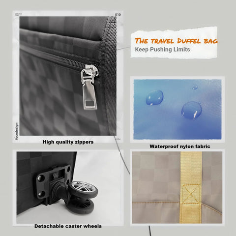 Drvoon expandable duffel bag zipper close-up on dark nylon fabric with metal pull
Drvoon luggage waterproof nylon fabric close-up with water droplets
Drvoon expandable duffel bag detachable caster wheels mounted on base
Drvoon luggage interior strap with reinforced stitching