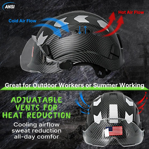 Heavy Duty Vented Safety Helmet With Clear Face Shield, ANSI Compliant Hard Hat For Job Sites, Tough As Nails Ratchet Suspension And Matte Black Finish, Rock Solid Build For Hardworking Crews