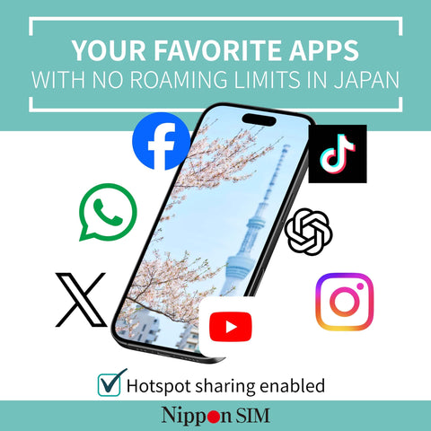 Image of smartphone displaying Tokyo Tower surrounded by social media icons, promoting Japan eSIM 30 Days Data Plan With 50GB High Speed 4G LTE Then Unlimited Data At Reduced Speed No Roaming Needed For Faster Safer Access Hotspot Tethering Supported Made In Japan.