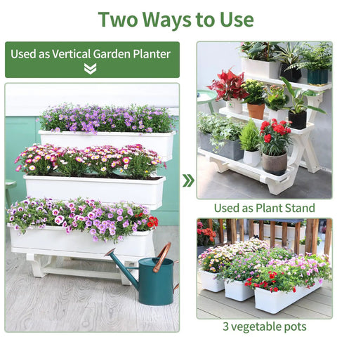 Two In One Three Tier Vertical Garden Planter Stand With Tray For Indoor And Outdoor Use showing freestanding use with flowers