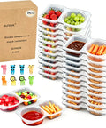 24 Piece Reusable Snack Containers With Lids Dual Compartment Leakproof Meal Prep Boxes For Kids And Adults On The Go Camping Travel Includes 10 Forks, stack of containers with snacks, and colorful forks displayed.