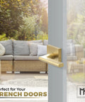 Dummy Lever Door Handle Set Satin Brass 5 Inch 2 Pack Quick Install for Closets and French Doors shown on a patio door.