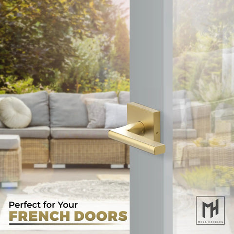 Dummy Lever Door Handle Set Satin Brass 5 Inch 2 Pack Quick Install for Closets and French Doors shown on a patio door.