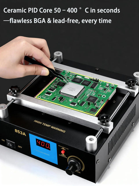 Pro Grade BGA Rework Station With Preheating Oven And Hot Plate 110V 450W Digital PCB Preheater in use, showing temperature control