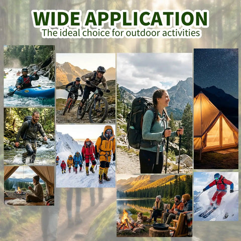 Collage of outdoor activities: kayaking, biking, hiking, camping, skiing highlighting Three Pack Waterproof Dry Bags Set Ultralight