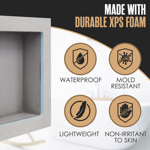 Tile Ready Shower Niche Insert In Wall Shelf 12x12 Inch close-up showing waterproof XPS foam material and feature icons