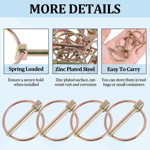 100 Piece Lynch Pin Assortment Kit 3/16 Inch with ring in zinc plated steel, showing close-up details of rust resistance.