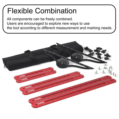 No Sweat Stair Tread Gauge Tool That Hits Marks Dead On With Extendable Folding Ruler And Hidden Screw Rail Guide For Fast Woodworking Layouts And Diy Step Projects, flexible components, red measurement tools.