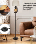 Cozy Farmhouse Floor Lamp With Lantern Night Light, Rustic Standing Lamp, Beige Linen Drum Shade, Oil Rubbed Bronze Finish in room