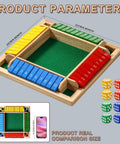Shut The Box Dice Game Wooden Board Game For 2 To 4 Players with numbered pieces, dice, and dimensions displayed for size comparison.
