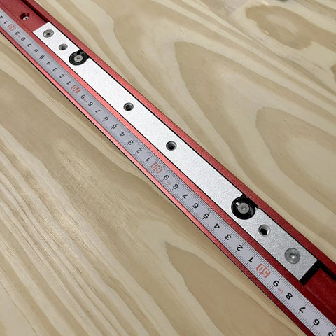 Aluminum Alloy Miter Gauge For T Slot Tracks with Smooth Slider, 300mm length, red finish on wooden surface.
