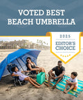 UPF 50 Plus Go-To Sun And Rain Canopy Umbrella For Beach with family sitting on beach under blue 8-foot shelter.