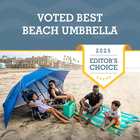 UPF 50 Plus Go-To Sun And Rain Canopy Umbrella For Beach with family sitting on beach under blue 8-foot shelter.