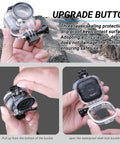 Hands holding Waterproof Dive Case For Go Ultra Thumb Camera, showing three-layer sealing and buckle design