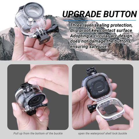 Hands holding Waterproof Dive Case For Go Ultra Thumb Camera, showing three-layer sealing and buckle design