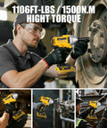 User demonstrating Pro Grade 1/2 Inch Cordless Impact Wrench Fits 20V Max Batteries on a vehicle wheel in a workshop.