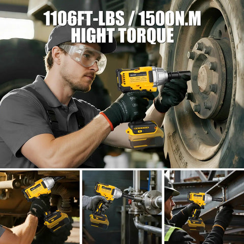 User demonstrating Pro Grade 1/2 Inch Cordless Impact Wrench Fits 20V Max Batteries on a vehicle wheel in a workshop.