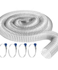 4 Inch By 10 Foot Dust Collection Hose With Two Thumbscrew Clamps Clear PVC See Through Debris Puncture Resistant Duct With Carbon Steel Wire Reinforcement Flexible Fume Vent Made In USA coiled with clamps