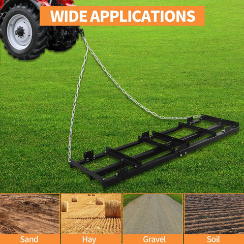 Tow Behind Gravel Drag Harrow Driveway Grader 6 ft power rake attached to tractor for sand, hay, gravel, soil leveling