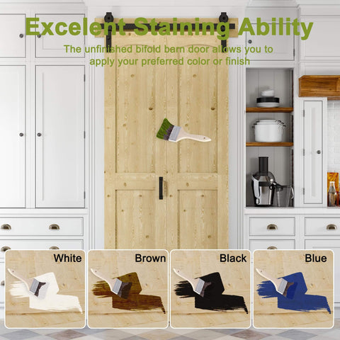 Space Saving 40 Inch By 84 Inch Unfinished Pine Bi Fold Barn Door With K Shape Bifold Design shown with color options