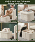 Super Snug White Barrel Accent Chair With Storage Ottoman In Thick Teddy Boucle Fleece Plush Lounge Seating For Living Room, multi-functional ottoman shown as footrest, coffee table, extra seat, and storage.