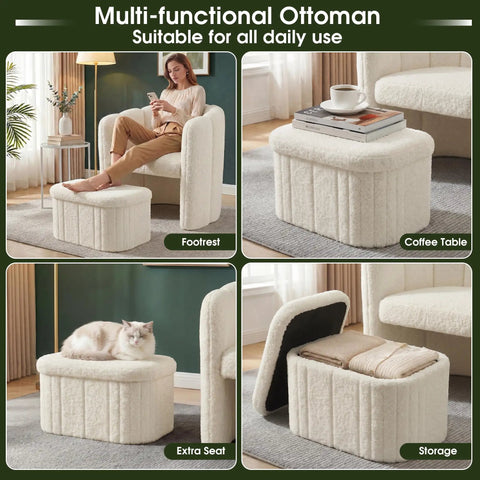 Super Snug White Barrel Accent Chair With Storage Ottoman In Thick Teddy Boucle Fleece Plush Lounge Seating For Living Room, multi-functional ottoman shown as footrest, coffee table, extra seat, and storage.