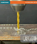 Close-up of drill in use from 99 Piece Drill Bit Set Heavy Duty Titanium Coated HSS Bits For Wood Metal Plastic With Storage Case