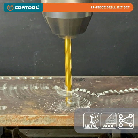 Close-up of drill in use from 99 Piece Drill Bit Set Heavy Duty Titanium Coated HSS Bits For Wood Metal Plastic With Storage Case