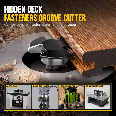 Hideaway Groove Router Bit For Composite Decking Cuts Sleek Hidden Fastener Slots, installed in a router table channel.
