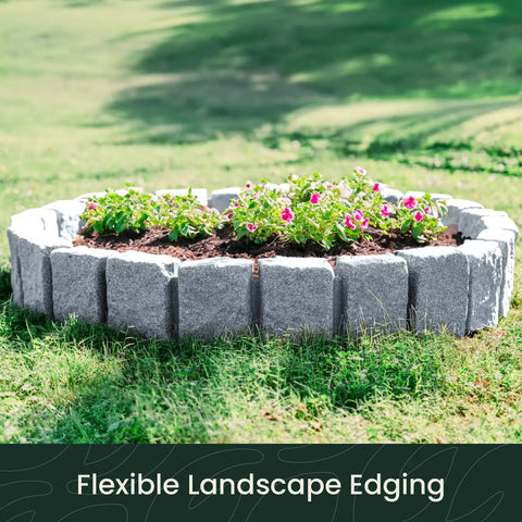 Landscape Edging Kit With Faux Stone Blocks XL For Lawn And Garden Borders Ten Pack Sixty Blocks Long Forty Eight Inches Wide Four Inches High Nine Point Five Inches Includes Thirty Spikes In Greystone