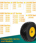 Two Pack 15x6.00-6 Lawn Mower Tire And Wheel Set For Front Replacement On Most 100 And 300 Series Riding Mowers With 3/4 Inch And 5/8 Inch Bearings, 3 Inch Offset Hub Adjustable Up To 4.4 Inches, 4 Ply Tubeless, 570 Lb Load Capacity with series compatibility chart background.