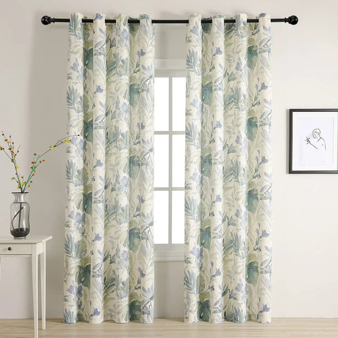 Cozy Soft Cotton Blend Sage Green Curtains 84 Inch Length For Light Filtering Privacy Floral Print Window Drapes With Grommets