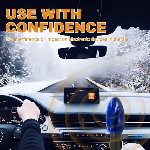 Car interior with a Fuel Savings Booster 3 Pack Portable Car Fuel Optimizer plugged into a 12V socket during a snowy drive.