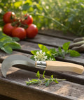 8 Inch Hand Sickle Hawkbill Garden Knife With Beechwood Handle on wooden table near tomatoes and herbs