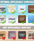 Image showing optimal and not applicable surfaces for Heavy Duty 12 Pack Biohazard Stickers 6X6 Inches on various materials.
