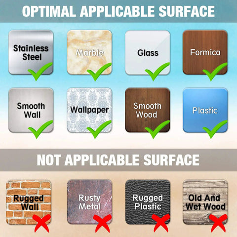 Image showing optimal and not applicable surfaces for Heavy Duty 12 Pack Biohazard Stickers 6X6 Inches on various materials.