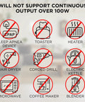 Image explaining devices not supported by Go-To Portable Power Station With 155Wh 150W Peak, like CPAP, toaster, and heater.
