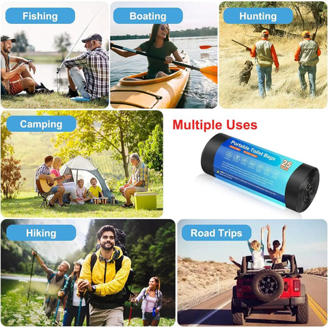 Various outdoor activities with 25 Pack Camping Toilet Bags Made Biodegradable Thickened Waste Bags For Portable Toilets, Luggable Loo Compatible, 8 Gallon Capacity, Leakproof And Easy Tie Outdoor Potty Bags For Camping